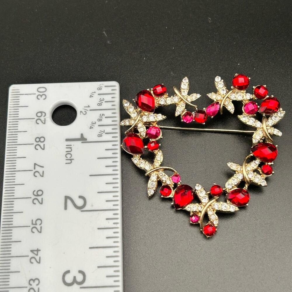 Anne Klein Heart Wreath Brooch #638 red rhinestones gold tone butterflies 2”+ - Picture 2 of 8